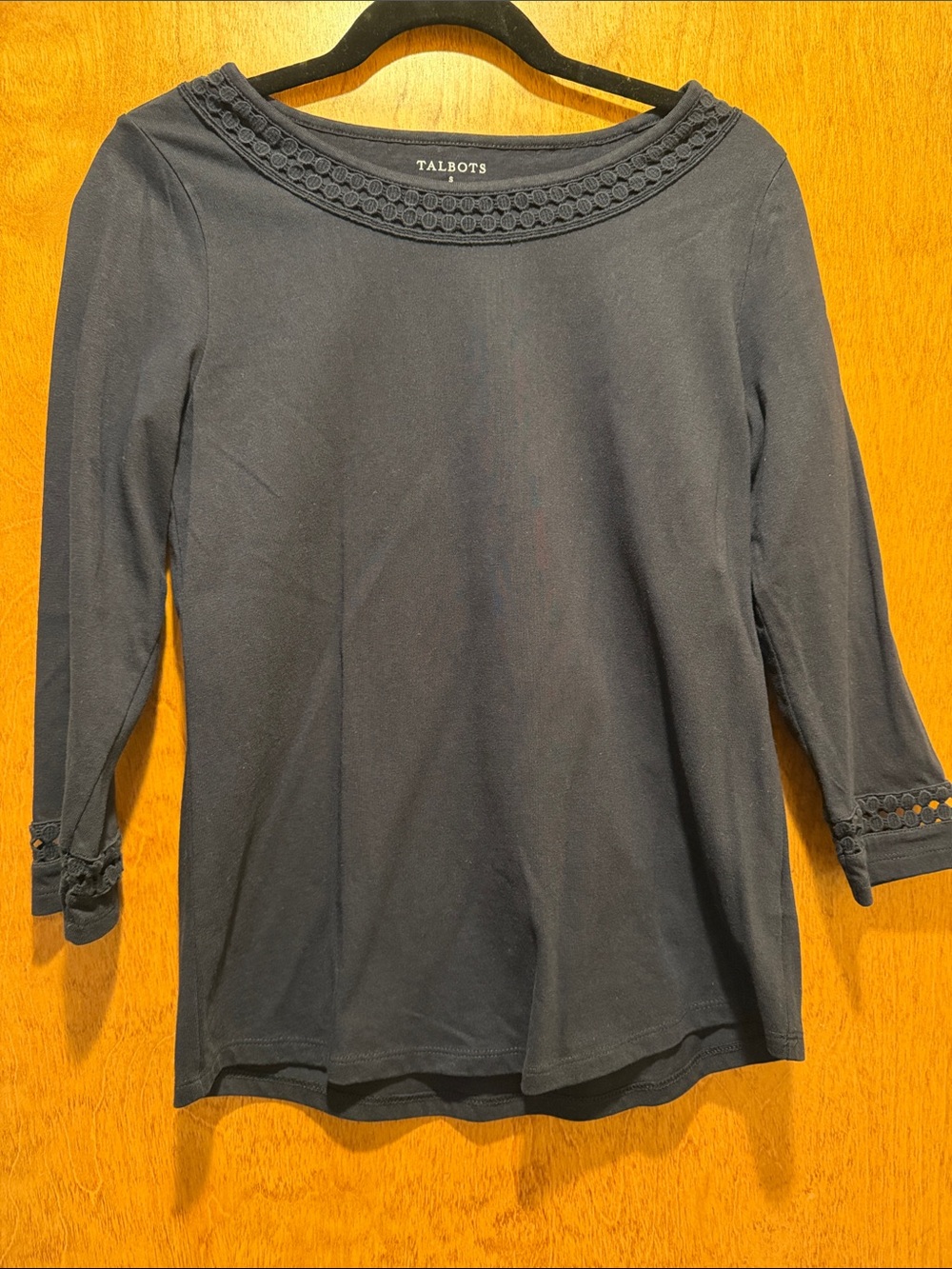 Talbots Navy Crochet-Trim Boatneck 3/4 Sleeve Tee
